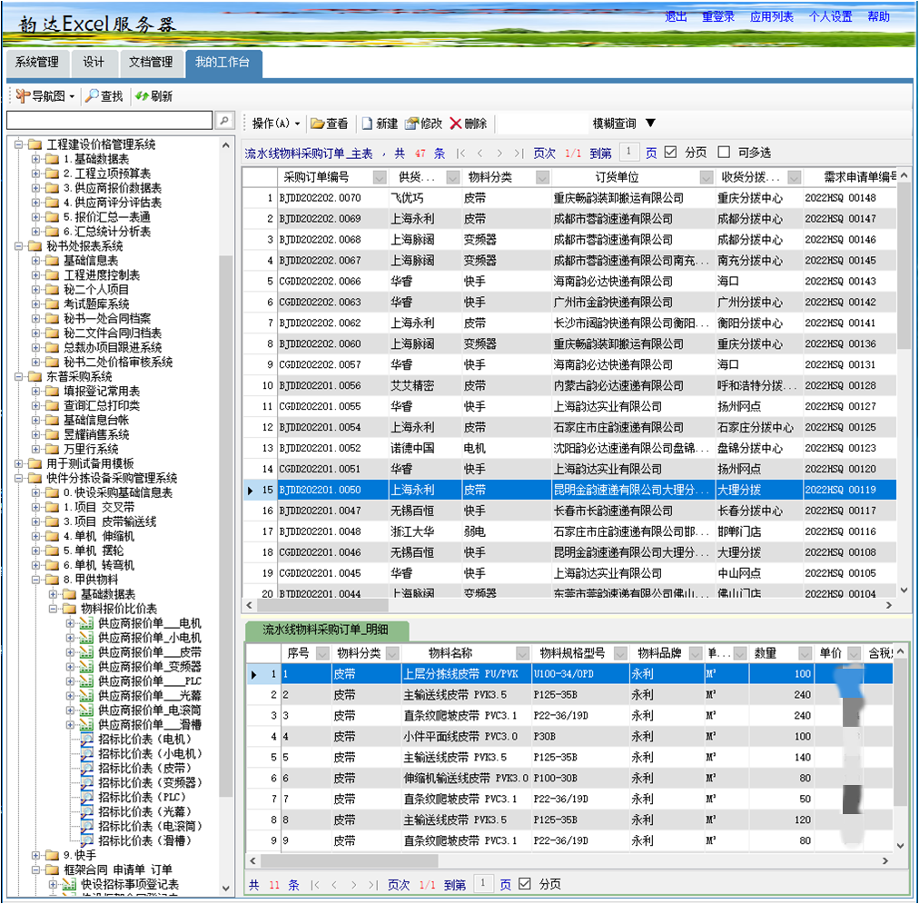 勤哲Excel服务器在韵达物流管理中的应用 - 系统功能图